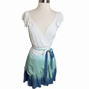 Z&L White Blue Ombre Mini Wrap Dress Metallic Shimmer Ruffle Hem Boho Size M